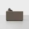 A side view of a modern, boxy, brown upholstered sofa with clean lines, set against a plain white background.