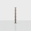 A tall, narrow, wooden shelf unit with six evenly spaced shelves stands upright on a plain, light-colored floor against a white background.