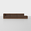 A modern, brown sectional sofa with clean lines and low profile, featuring three connected seats and a right-side chaise, set against a plain white background.