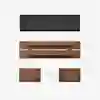 Four wooden furniture components, five screws, and one rectangular black fabric panel are arranged neatly on a white background, showing disassembled parts of a piece of furniture.