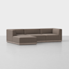 A modern, L-shaped sectional sofa with brown upholstery and low, wide cushions is set on a light gray floor against a plain white background. The sofa has clean lines and a minimalist design.