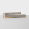 A modern, light gray sectional sofa with low backrests and armrests, featuring three seats and a wooden base, set against a plain white background.