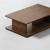 A rectangular wooden coffee table with a modern, minimalist design, featuring a thick tabletop, sturdy central support, and a lower shelf, set against a plain light background.