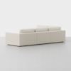 A modern, light beige sofa with three back cushions and clean, straight lines is shown from the back against a plain white background.