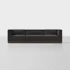 A modern, dark gray three-seat sofa with low armrests and a wooden base, set against a plain white background.