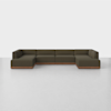 A large, modern sectional sofa with dark olive green fabric upholstery and a low wooden base, arranged in a U-shape on a light gray floor against a plain white background.