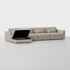 A large, light beige sectional sofa with four seats and an attached chaise lounge that has its storage compartment open, set against a plain light gray background.