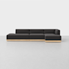 A modern, modular sectional sofa with dark gray cushions and a light wooden base, arranged in an L-shape on a light gray floor against a plain white background.