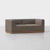 Modern brown two-seater sofa with clean lines, thick cushioned seats and backrests, and a wooden base, set against a plain white background.