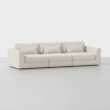 A modern, light beige three-seater sofa with clean lines, square arms, three seat cushions, three back cushions, and three matching rectangular pillows, set against a plain white background.