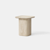 A small, square, beige side table with a flat top and a thick, cylindrical base, made of a stone-like material, set against a plain white background.