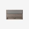A wooden headboard with a rectangular shape, featuring a padded gray fabric panel attached to the upper section. The design is minimalist and modern, with clean lines and a smooth finish.