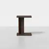 A small, dark brown wooden side table with a modern, geometric design resembling the letter I, set against a plain white background.