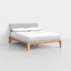 A modern bed with a light wooden frame, a light gray upholstered headboard, and white bedding with two pillows, set against a plain white background.