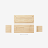 Five light wood panels in various shapes and sizes, arranged flat on a white background, with a row of screws aligned below the panels, suggesting parts of a piece of furniture ready for assembly.