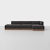 A modern, dark gray sectional sofa with clean lines and a wooden base, set against a plain white background on a light-colored floor.