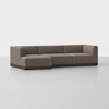 A modern, L-shaped sectional sofa with brown upholstery and a dark wooden base, set against a plain white background.