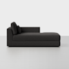 A modern black chaise lounge with a left armrest and two back cushions, set against a plain white background.
