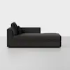 A modern black chaise lounge with a left armrest and two back cushions, set against a plain white background.