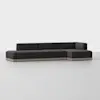 A modern, L-shaped sectional sofa with dark gray upholstery and a light wood base, set against a plain white background.