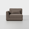A modern brown sectional sofa with a left armrest and a rectangular back cushion, placed on a light gray floor against a plain white background.