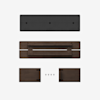Flat lay of disassembled furniture parts: a cushioned rectangular panel, a wooden frame, two wooden side panels, and four screws, all arranged neatly on a white background.