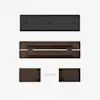 Flat lay of disassembled furniture parts: a cushioned rectangular panel, a wooden frame, two wooden side panels, and four screws, all arranged neatly on a white background.
