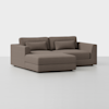 A modern, brown sectional sofa with a chaise lounge on the left side, featuring clean lines, square armrests, and two rectangular back cushions against a plain white background.