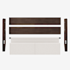 Disassembled wooden bed frame with two side rails, two horizontal supports, and a white upholstered headboard, all laid out on a white background.