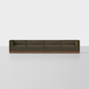 A modern, four-seat sectional sofa with dark olive green upholstery and a wooden base, set against a plain white background.