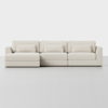 A modern, three-seat sectional sofa with a chaise lounge on the left, upholstered in a light beige fabric, set against a plain white background.