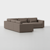 A modern, L-shaped sectional sofa with brown upholstery and matching cushions, placed in a minimalist, white room with a smooth floor.