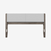 A modern headboard with a light gray upholstered panel and a wooden frame in a natural finish, shown against a white background.