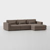 A modern, L-shaped sectional sofa with brown upholstery, featuring three seat cushions, three back cushions, three lumbar pillows, and a right-facing chaise lounge, set against a plain white background.