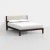 A modern wooden bed frame with a beige upholstered headboard, neatly made with white bedding and two white pillows, positioned against a plain white wall in a minimalistic room.