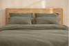 A neatly stacked set of olive green bedding, including pillowcases, sheets, and duvet covers, folded and arranged against a plain white background.