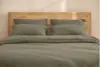 A neatly stacked set of olive green bedding, including pillowcases, sheets, and duvet covers, folded and arranged against a plain white background.