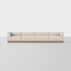 A modern, four-seat sofa with light beige upholstery and a wooden base, set against a plain white background.