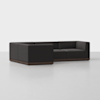 A modern, L-shaped sectional sofa with dark upholstery and a low wooden base, set against a plain white background.