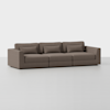 A modern, three-seat brown sofa with square arms, three back cushions, and three seat cushions, placed against a plain white background.