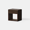 A modern wooden nightstand with a dark brown finish, featuring a single drawer on top and an open shelf below, set against a plain white background.
