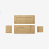 Five wooden furniture pieces and a row of screws are arranged on a white background, likely as parts for assembly.