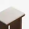 A close-up of a wooden stool with a light beige cushioned seat. The stool has a simple, modern design with clean lines and a smooth finish against a white background.