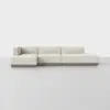 A modern, minimalist sectional sofa with light beige upholstery and a low wooden base, set against a plain white background and placed on a smooth, light gray floor.