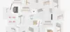 A collection of hand-drawn and digital design sketches for a wooden bed, arranged with pens, markers, a notebook, fabric swatches, and wood samples on a white background.