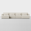 A modern, light beige sectional sofa with four seats, wide armrests, and rectangular back and seat cushions, set against a plain white background.
