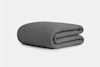 A neatly folded, dark gray blanket with a textured fabric is displayed on a plain light background.