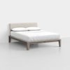 A modern bed with a light wood frame, beige upholstered headboard, and white bedding, including two pillows, set against a plain white background.