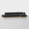 A modern, L-shaped sectional sofa with dark upholstery and a light wooden base, set against a plain white background.