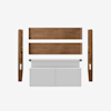 Five separate bed frame components are laid out on a white background, including two wooden side rails, two wooden horizontal panels, and a light gray upholstered rectangular headboard.